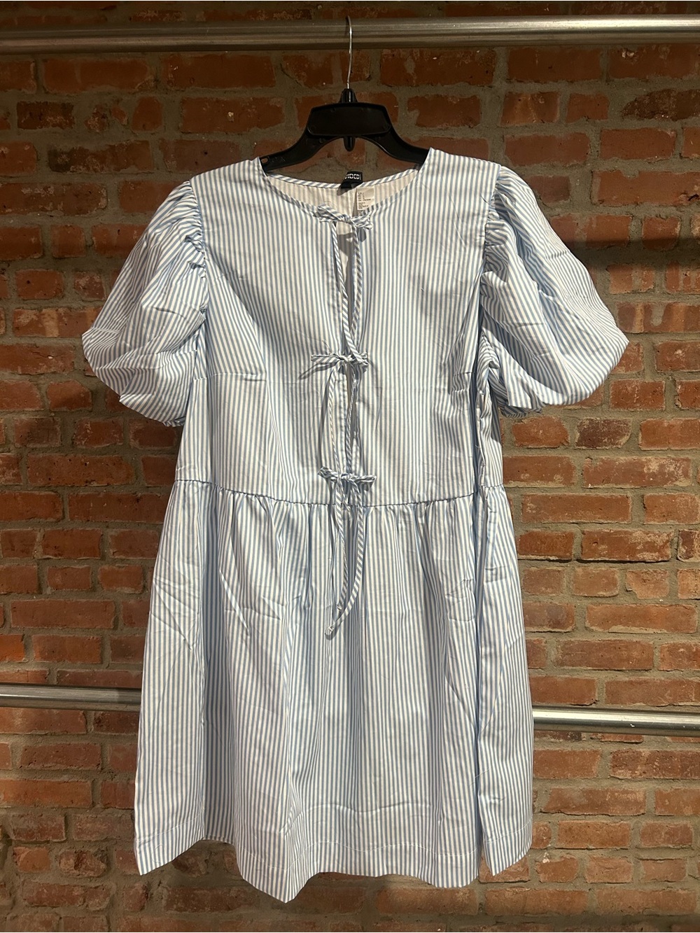 Baltic Born Blue and White Striped Puff Sleeve Midi Dress